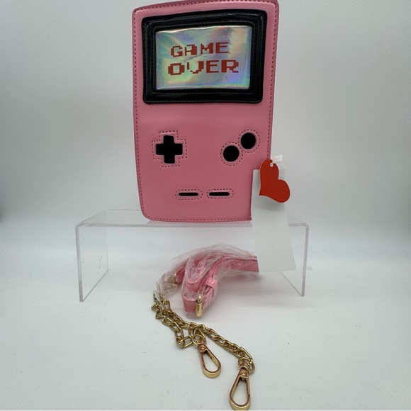 Retro 8-Bit Gamer Handbag Pink With Long Gold Color Chain Gameboy Style Purse - Picture 7 of 10